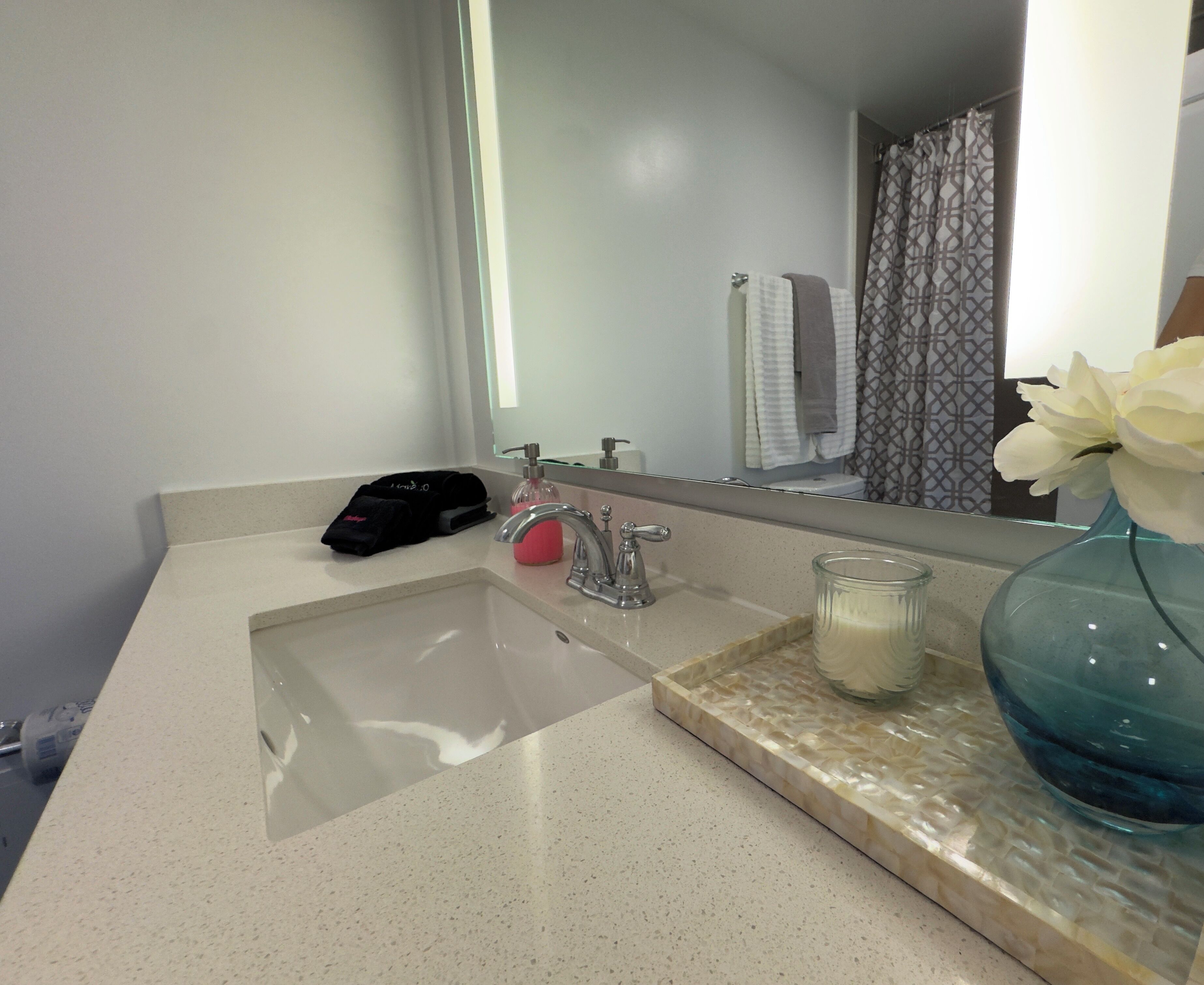 Hair dryer, towels, soap, toilet paper