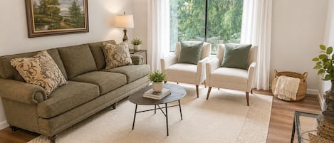 A living room with a sofa, armchairs, a coffee table, a painting, a lamp, and a view through a window.