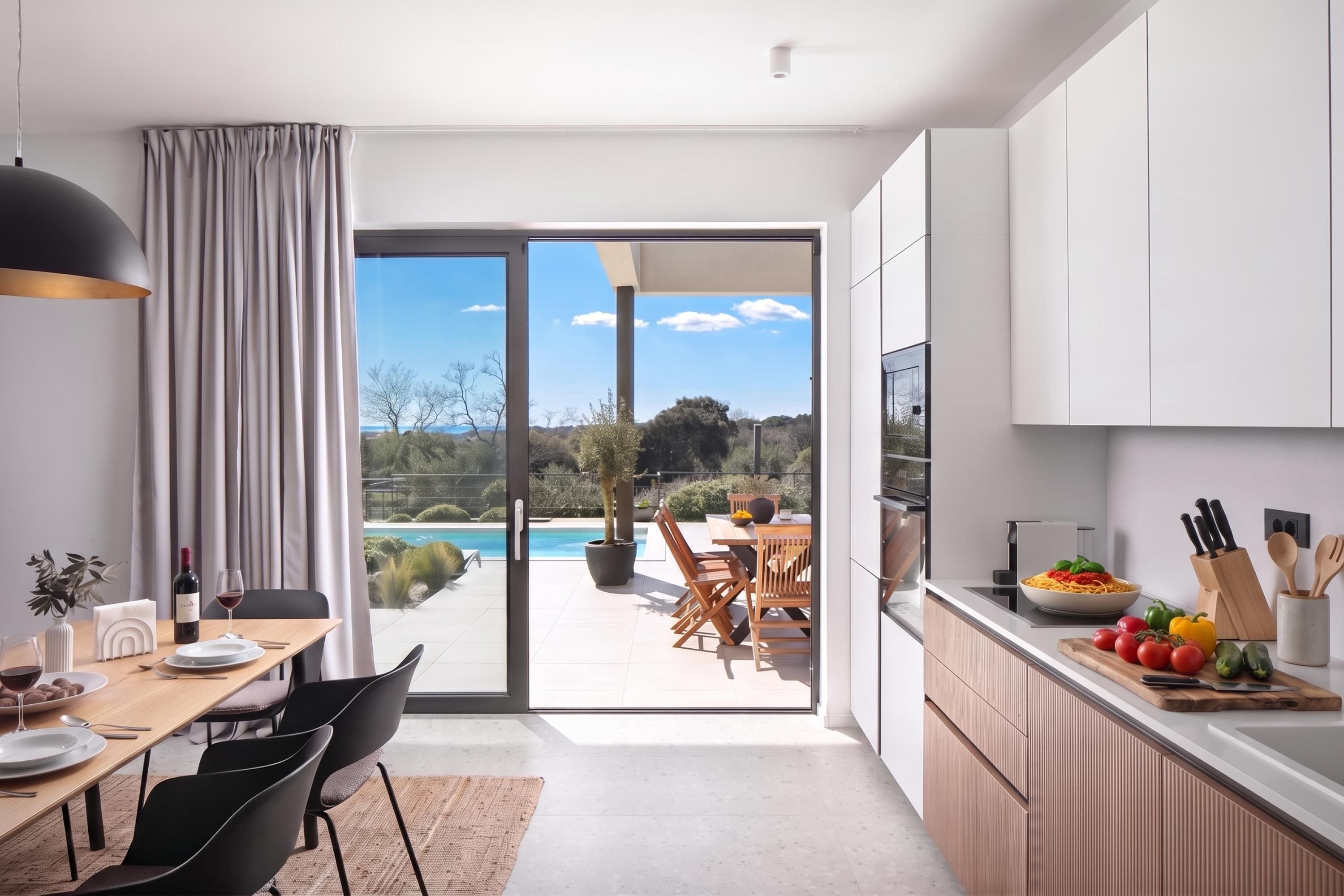 A modern kitchen with a dining area, a view of a pool, and a sliding glass door leading to an outdoor seating area.