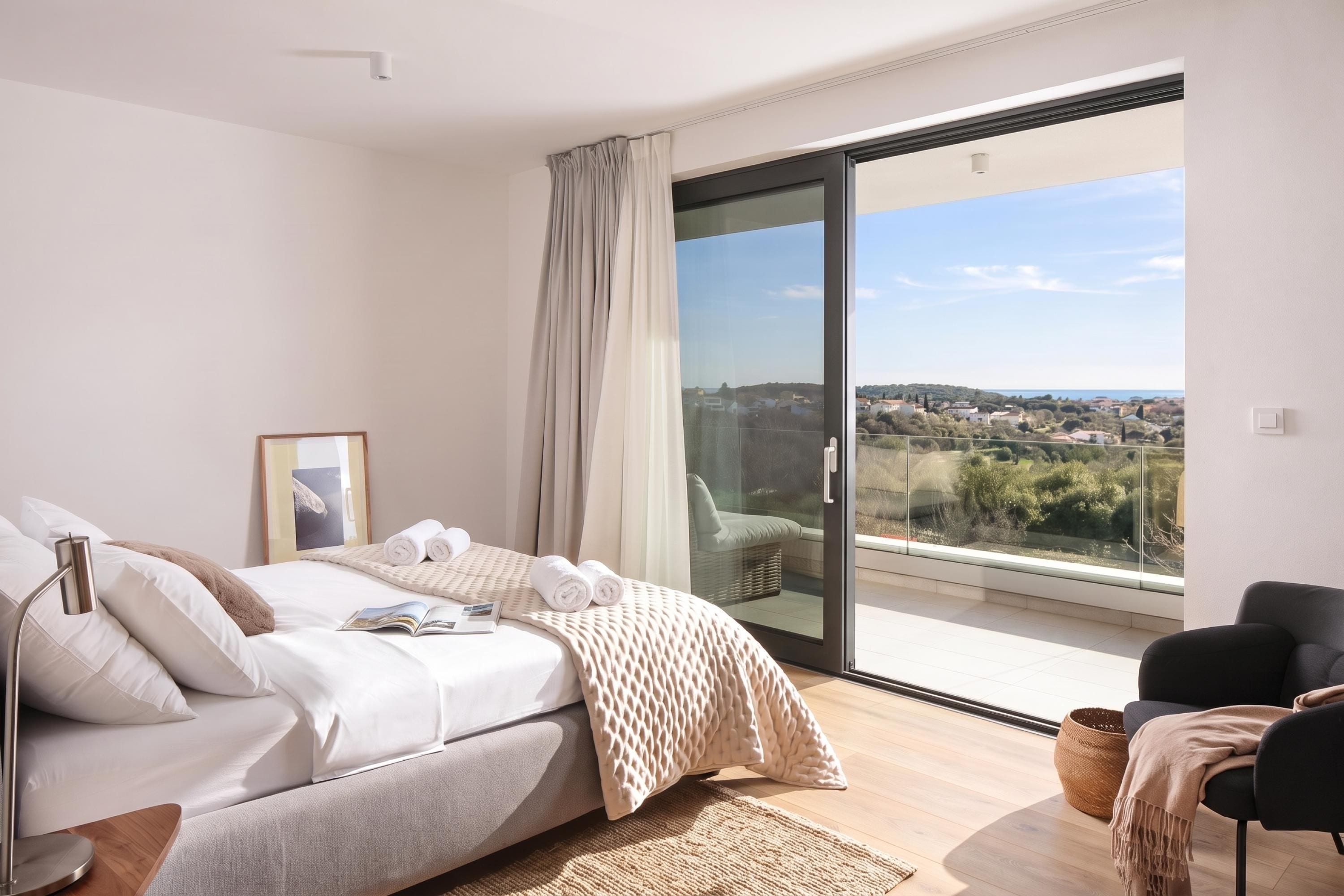 A bedroom with a bed, a chair, a window with a view, and a door.