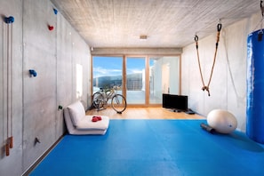A gym with exercise equipment, a sofa, a TV, and a view of the outdoors.