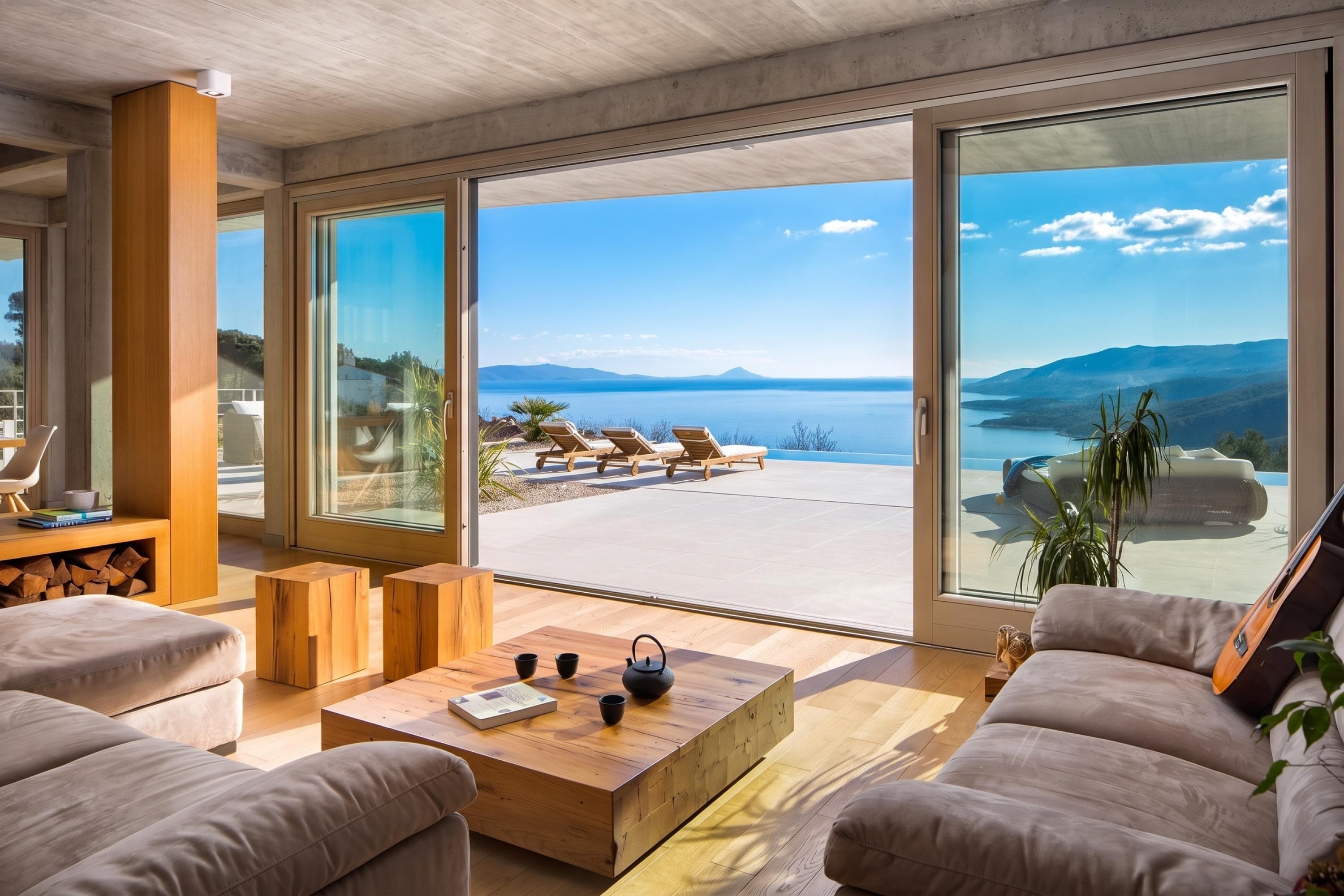 Una sala de estar moderna con ventanas amplias, una mesa de centro de madera y vistas a una playa y montañas.