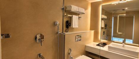 A modern bathroom with a glass shower enclosure, a toilet, a sink, and a mirror.