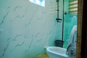 Regadera, secadora de cabello, bidet, toallas 