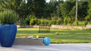 A concrete bench with a potted plant, a blue sports ball, and sports equipment in a grassy area with trees in the background. - Villa She Luxury (Groznjan)