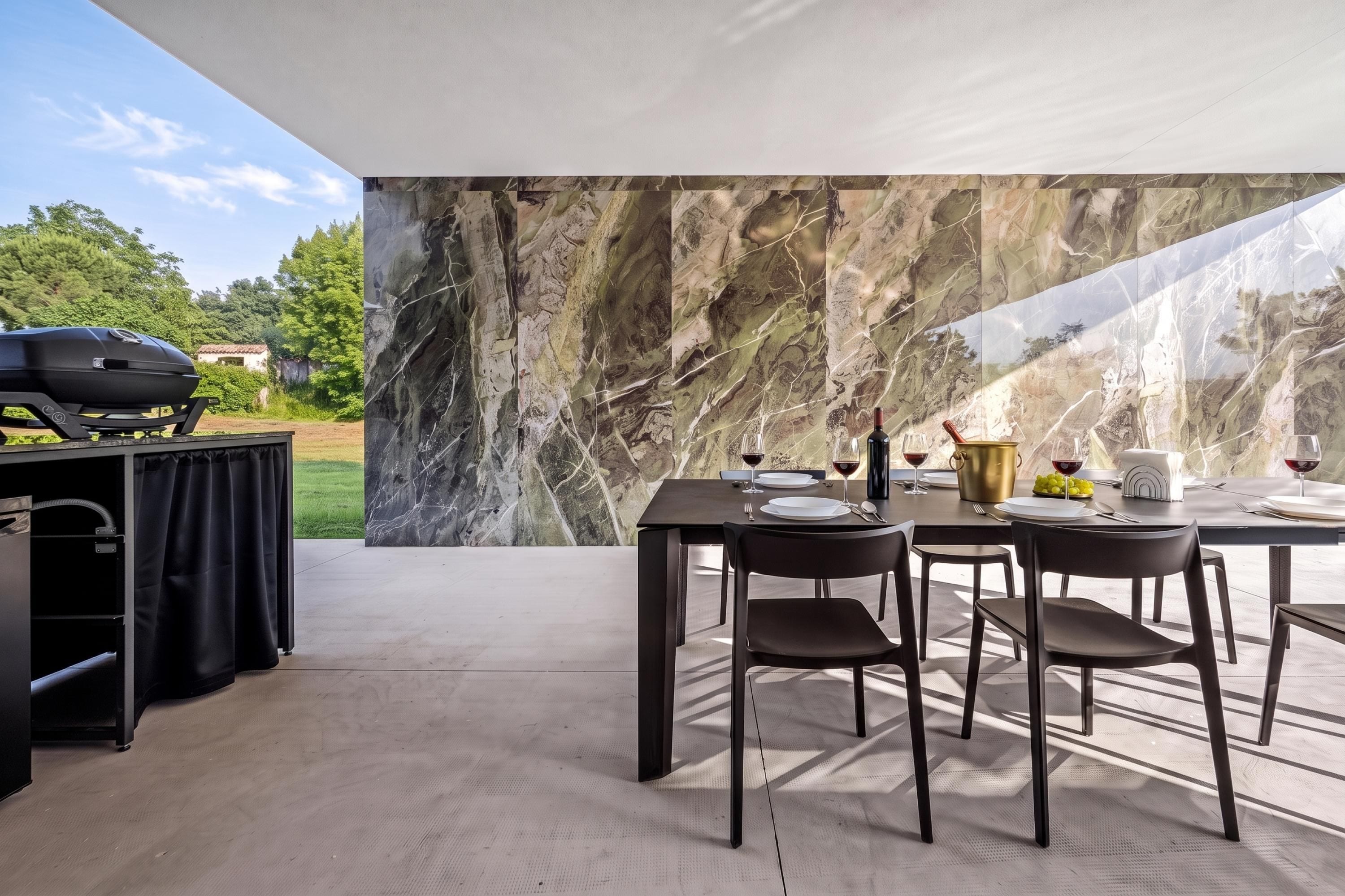An outdoor dining area with a marble wall backdrop, a grill, and a table set for two.