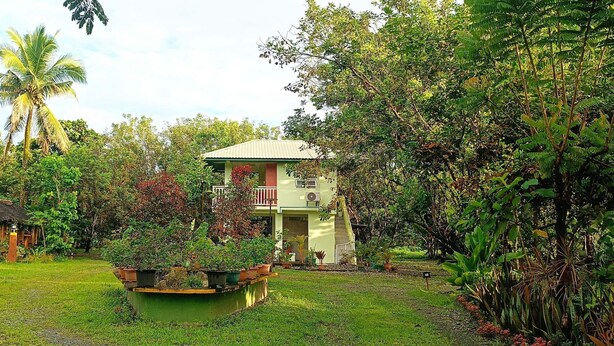 A two-story building with a balcony, surrounded by lush greenery and a small pond. - Fully furnished house, a café & pool in a forest! (Naujan)