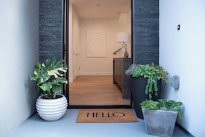 A modern entrance with a wooden floor, a 'HELLO' mat, and potted plants.
