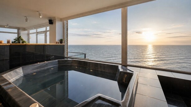 A modern indoor pool with a view of the sea at sunset. - The Penthouse | Spa, Sauna, Gym, 360° Views, 4BR (Glenelg North)