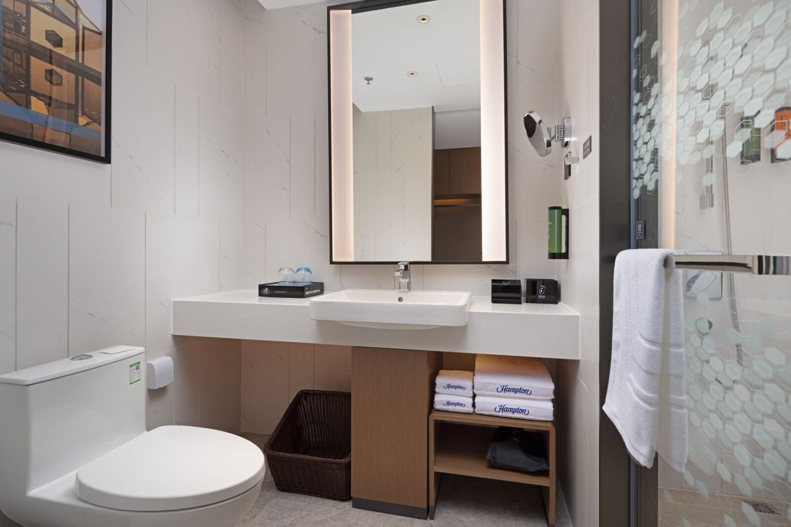 A modern bathroom with a white sink, a mirror, a toilet, and a shower area.