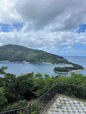 A coastal landscape with a mountain, a harbor with boats, and a small island.