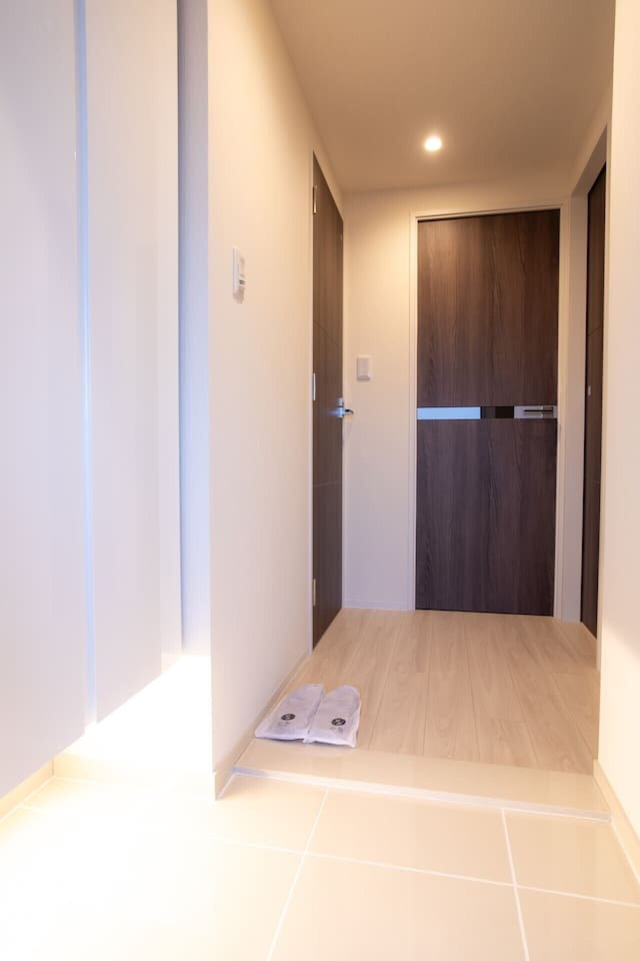 A hallway with a wooden door, a light switch, and a pair of shoes on the floor.