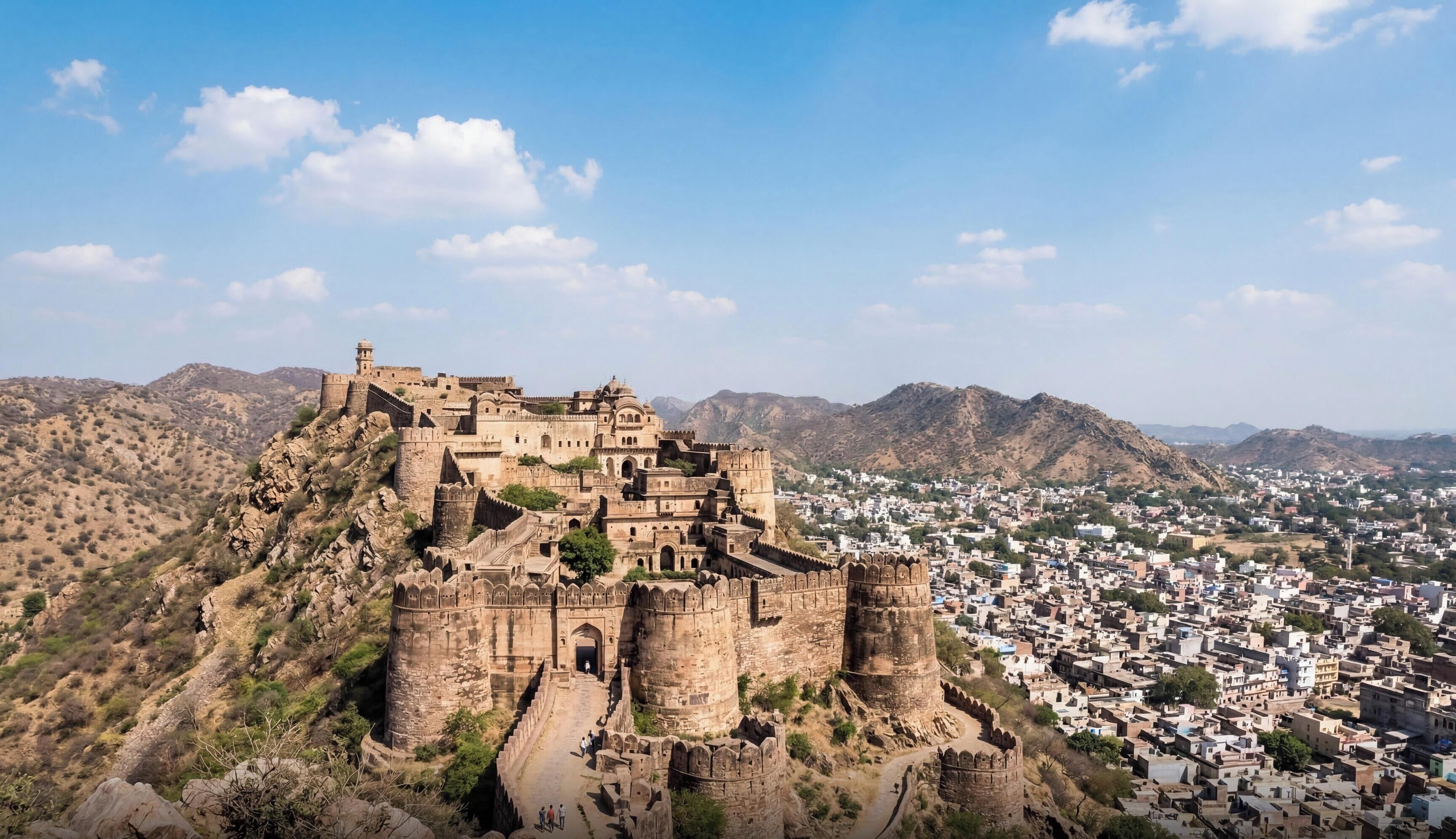 A historic fort with multiple towers and walls, surrounded by a town and hills.