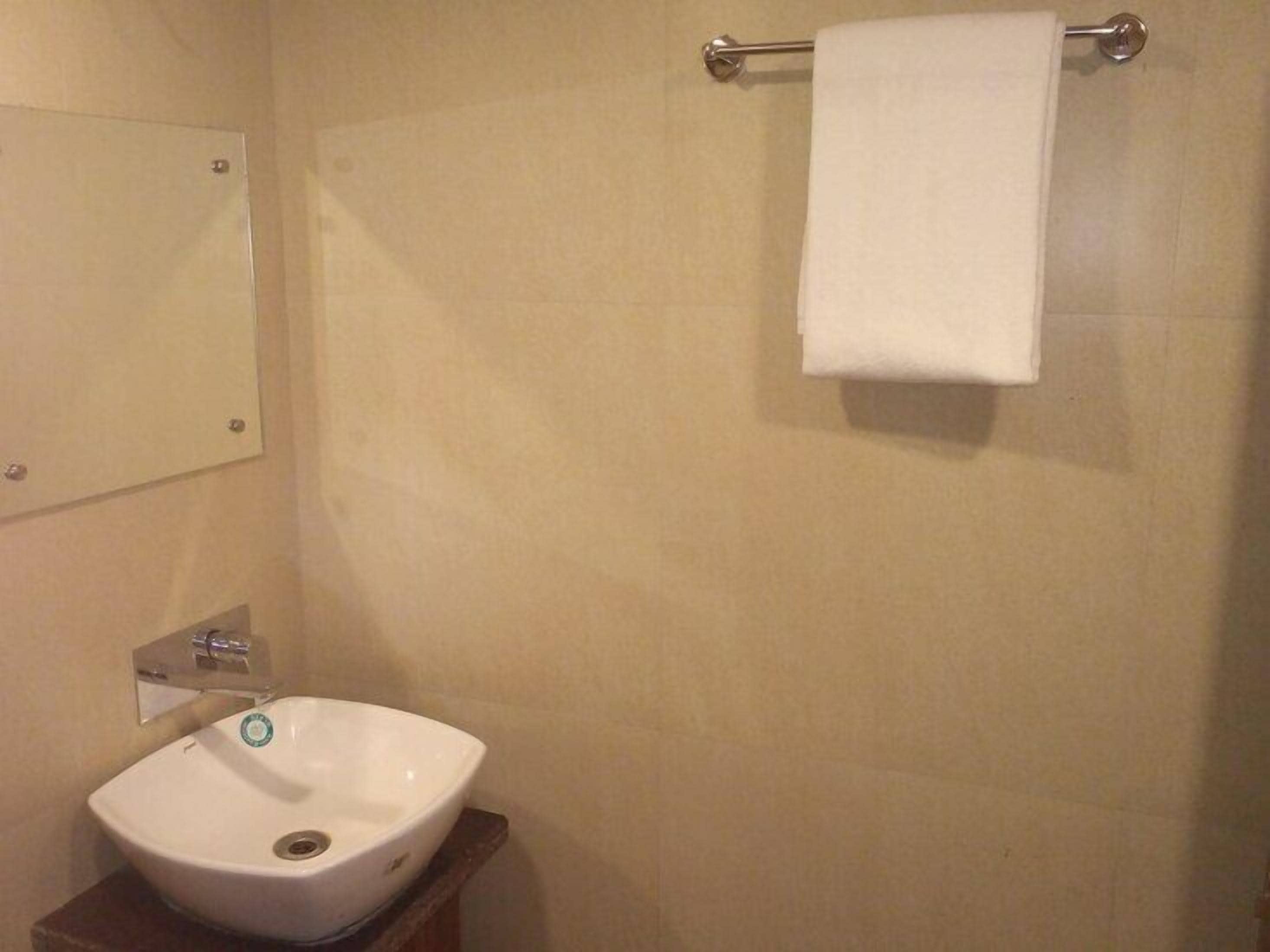 A bathroom with a white sink, a towel rack, and a mirror.