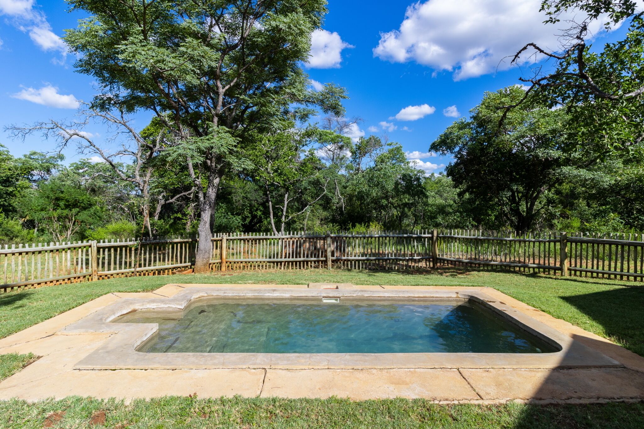 A rectangular swimming pool with a wooden fence surrounding it.