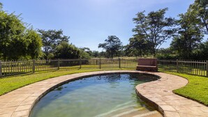 Una piscina limpia con borde curvo, rodeada por un sendero pavimentado y una valla de madera.