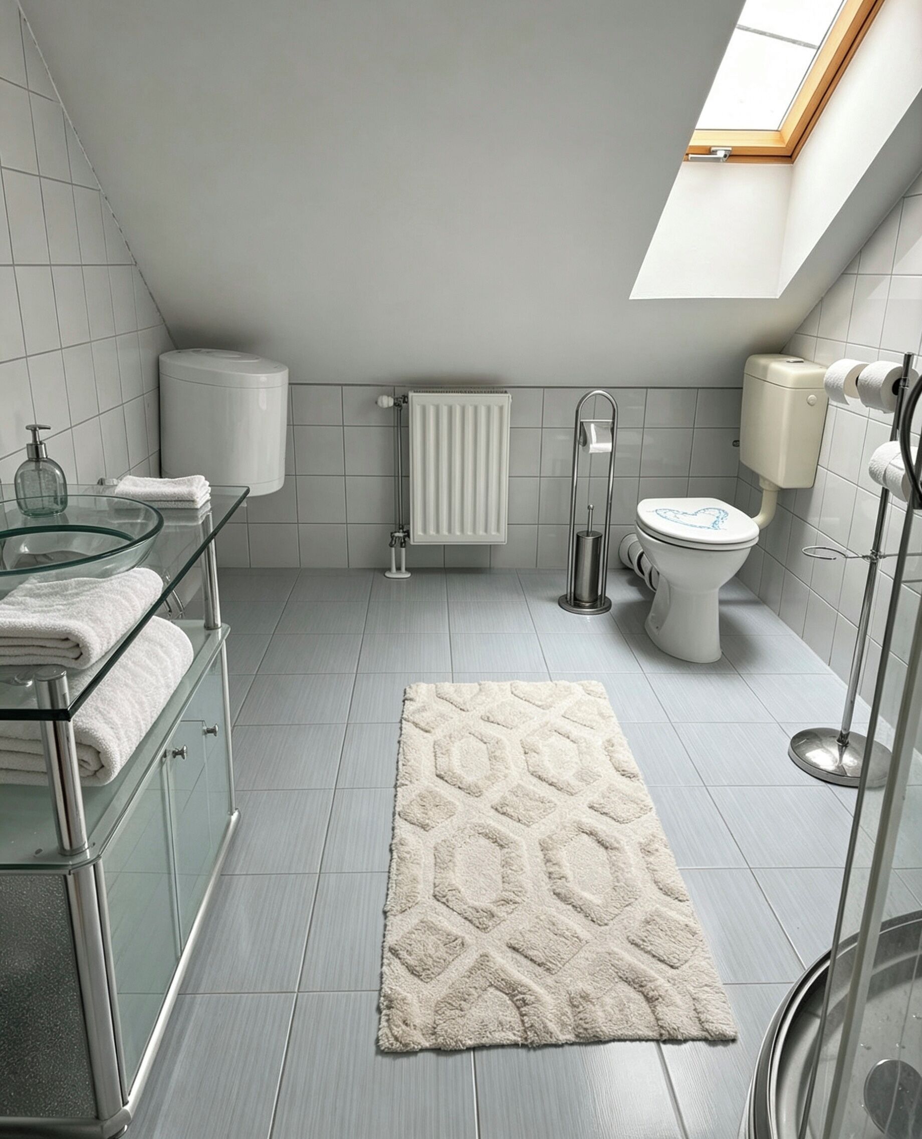 Un baño moderno con cabina de ducha de vidrio, inodoro, radiador y tragaluz.