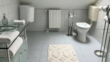 Un baño moderno con cabina de ducha de vidrio, inodoro, radiador y tragaluz.