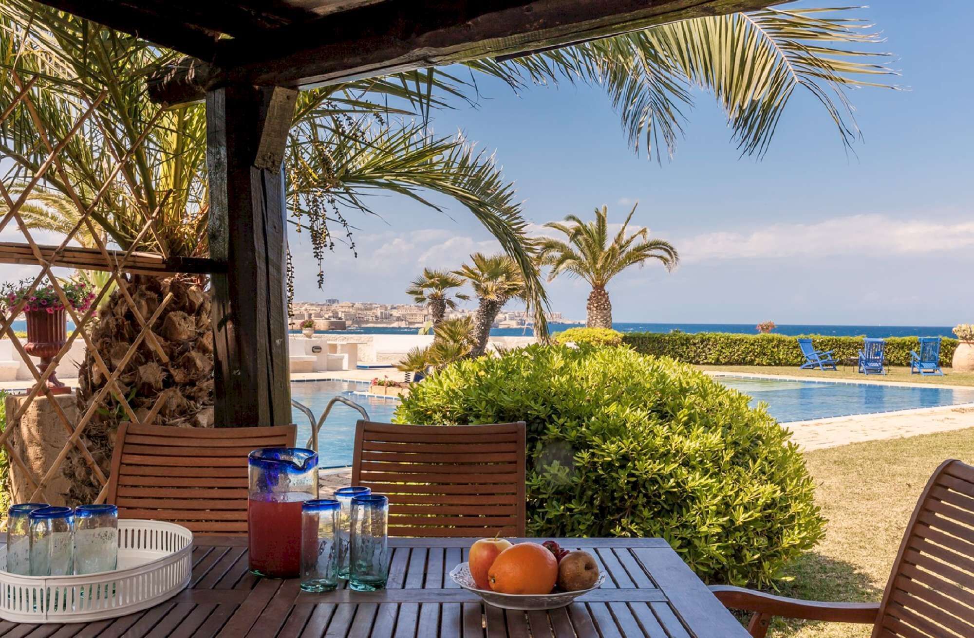 A poolside table with drinks and fruit, overlooking a pool and a cityscape.
