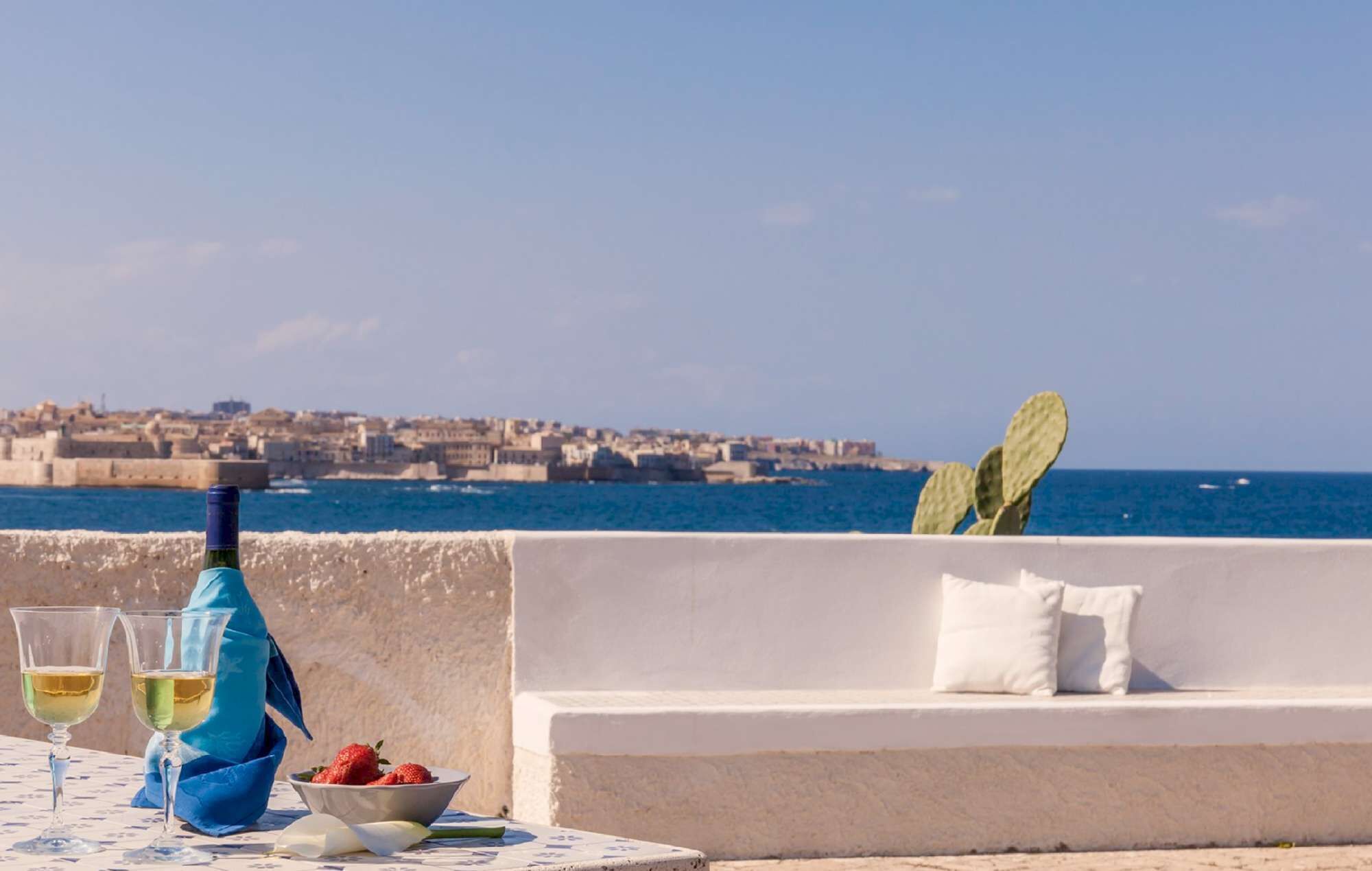 A table with a bottle and glasses, a bowl of strawberries, and a cactus on a balcony overlooking a coastal city.