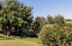 Un jardin bien entretenu, agrémenté de divers arbres et arbustes, un mur de pierre et un ciel dégagé.
