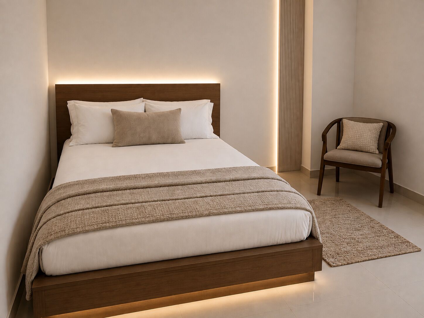 A neatly made bed with a wooden headboard, a matching chair, and a patterned rug.