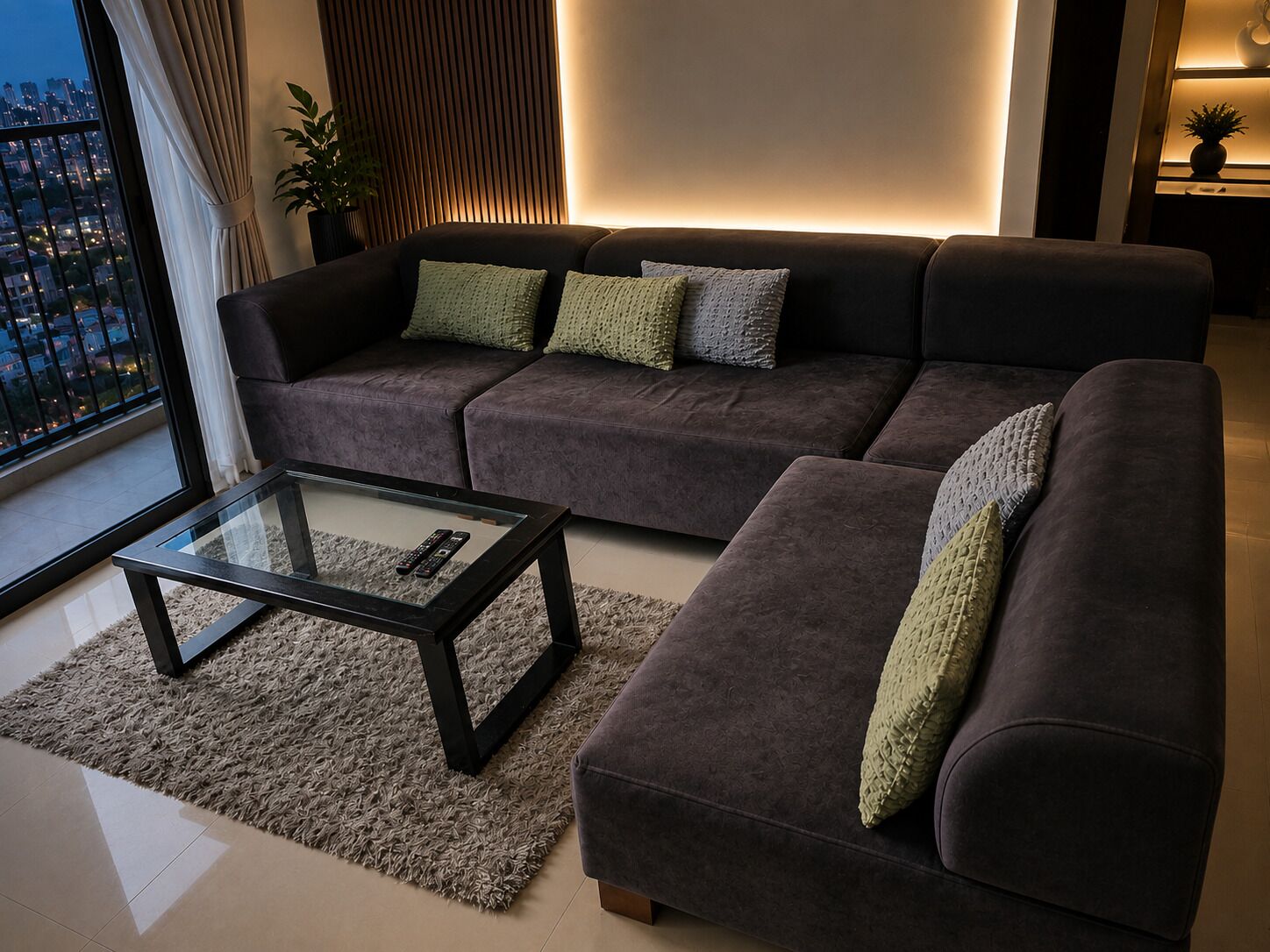 Departamento básico, balcón, vista a la ciudad | Área de sala de estar