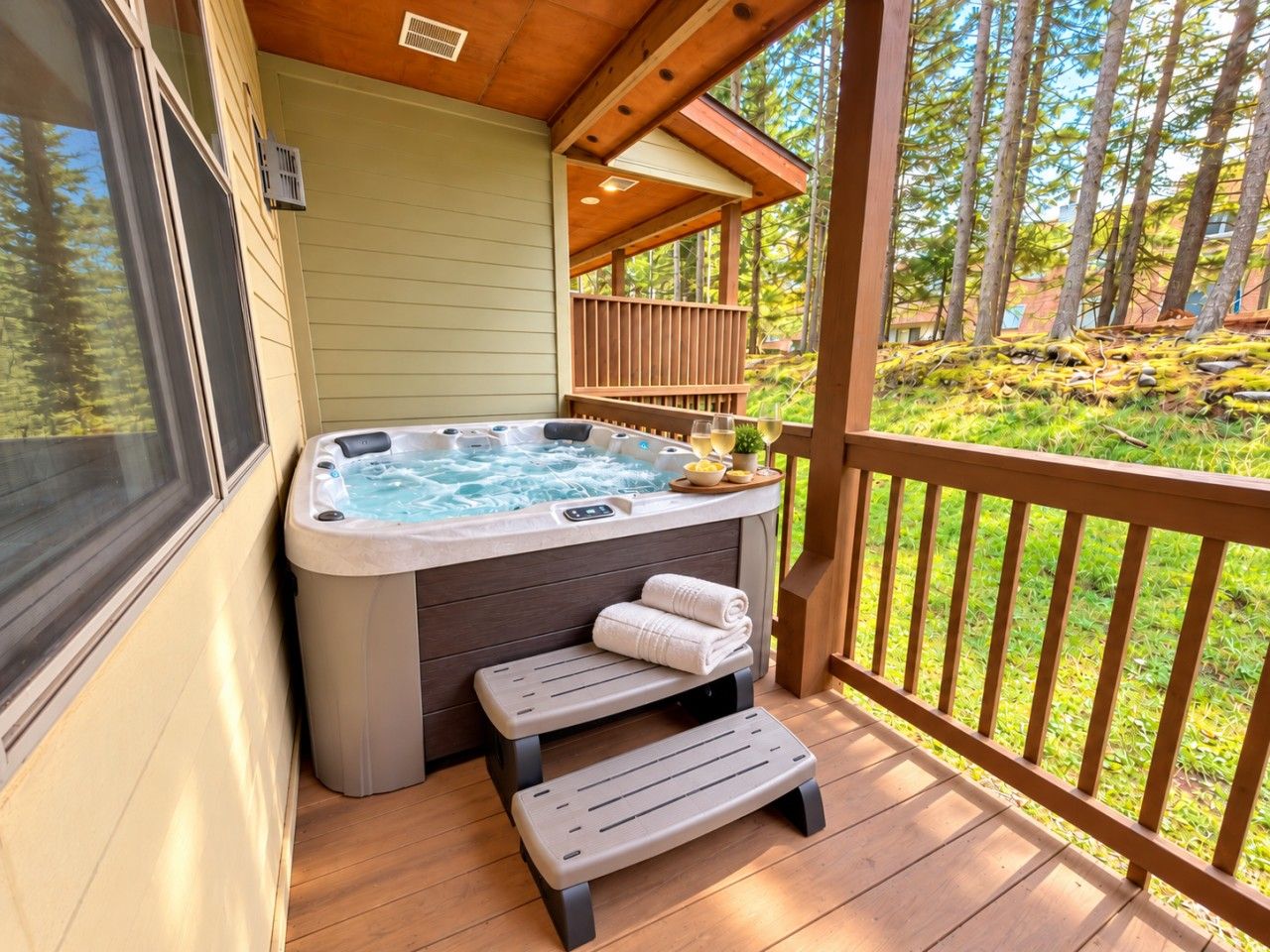 A hot tub on a wooden deck with steps leading up to it, surrounded by a wooden railing and a view of trees.