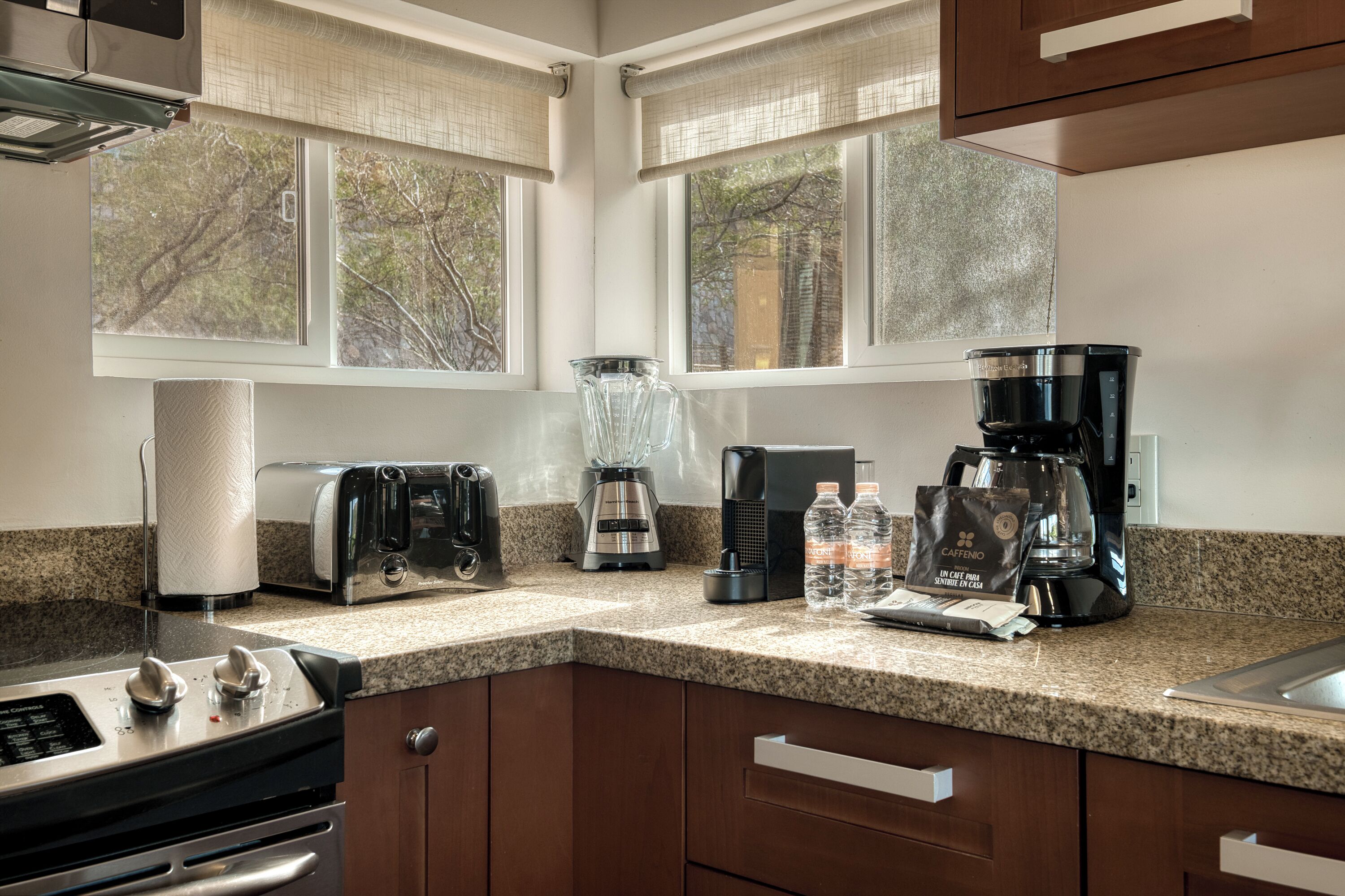 A kitchen with a granite countertop, a coffee maker, a toaster, and a blender.