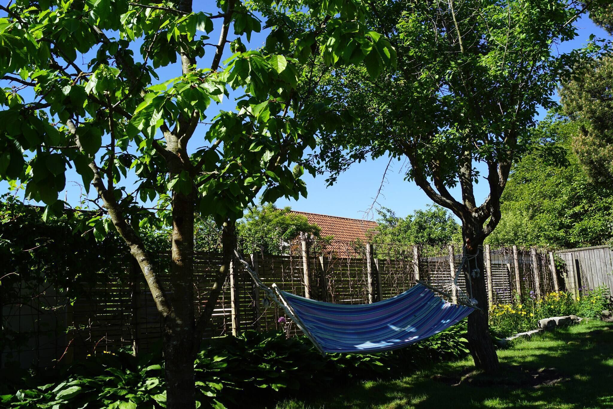 Una hamaca entre árboles en un patio trasero con una valla de madera y una casa al fondo.