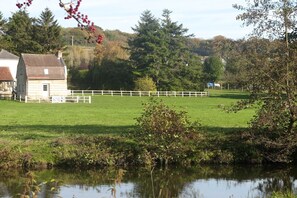 Un paysage rural avec un étang, un champ clôturé et un bâtiment doté d’un toit en pente.