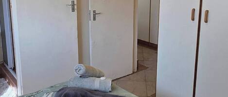 A bedroom with a bed, a wardrobe, and a door.