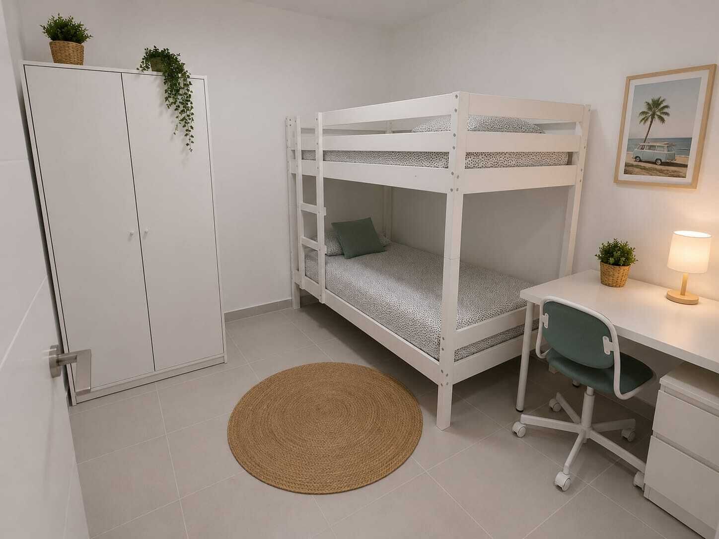 A bunk bed with a desk and chair, a small rug, a cabinet, and a plant on the wall.