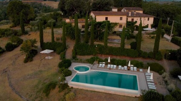 Seasonal outdoor pool, pool umbrellas, pool loungers