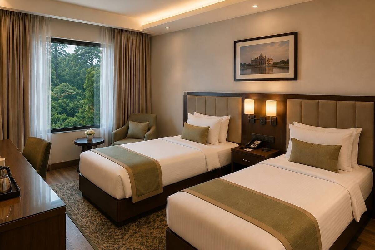 ห้องสแตนดาร์ดทวิน, วิวสวน | ตู้นิรภัยในห้องพัก, โต๊ะทำงาน, พื้นที่ทำงานแบบใช้แล็ปท็อป