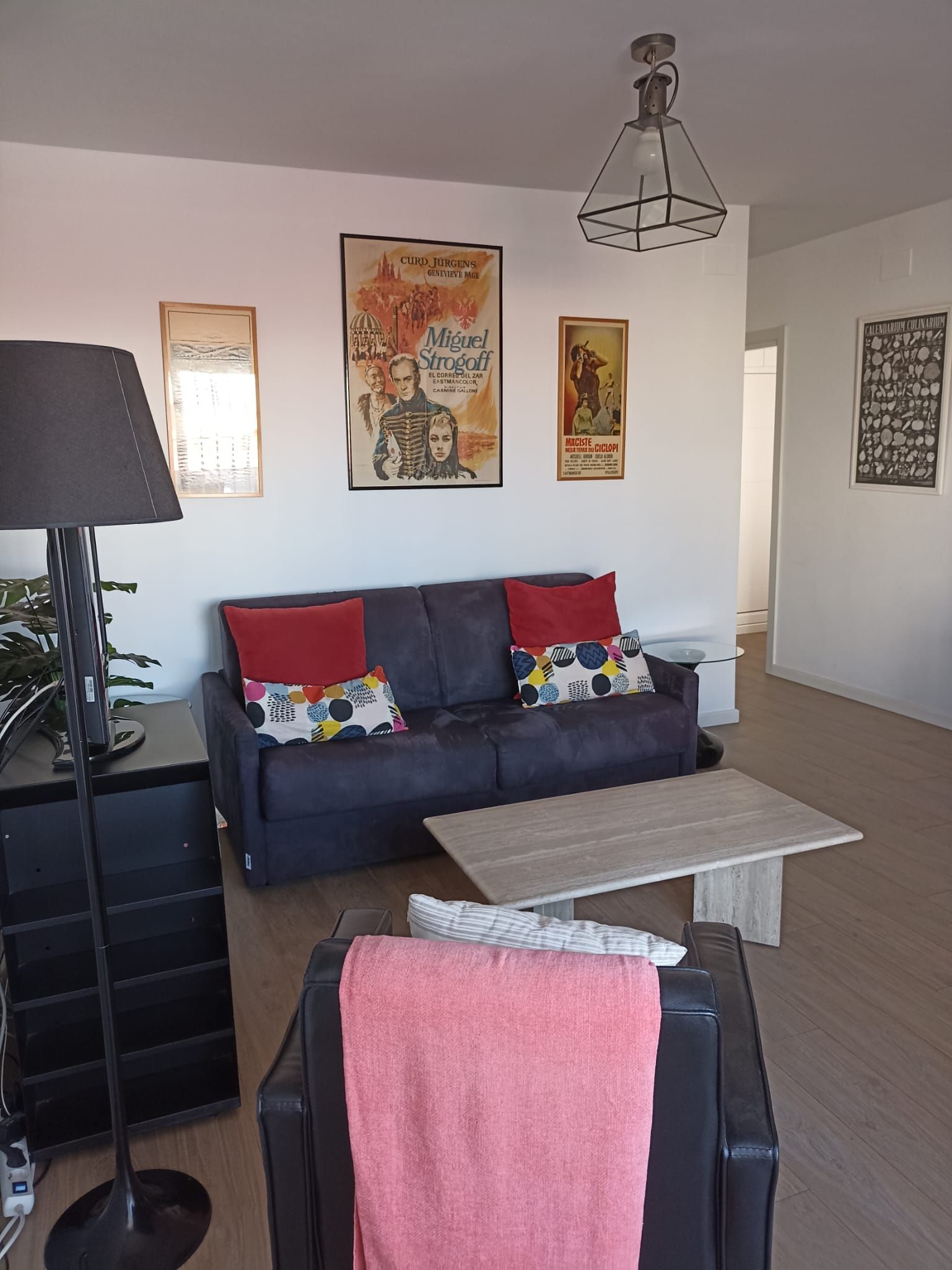 A living room with a sofa, a coffee table, a lamp, and a TV. There are posters on the wall.
