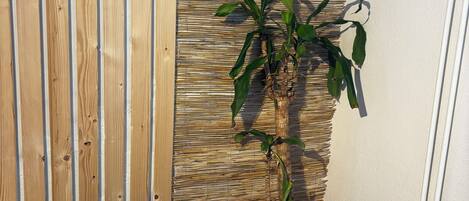 A corner of a room with a wooden slat wall, a woven wall panel, a potted plant, a white vase, and a wicker basket.