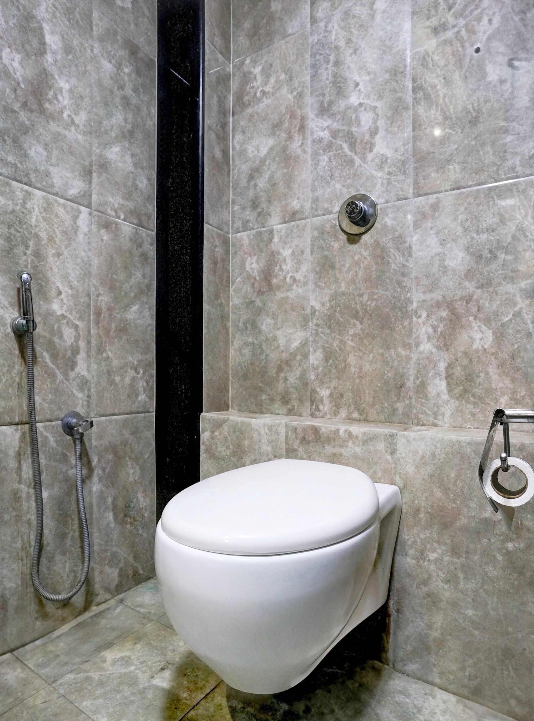 Un baño con inodoro, ducha y bidé.