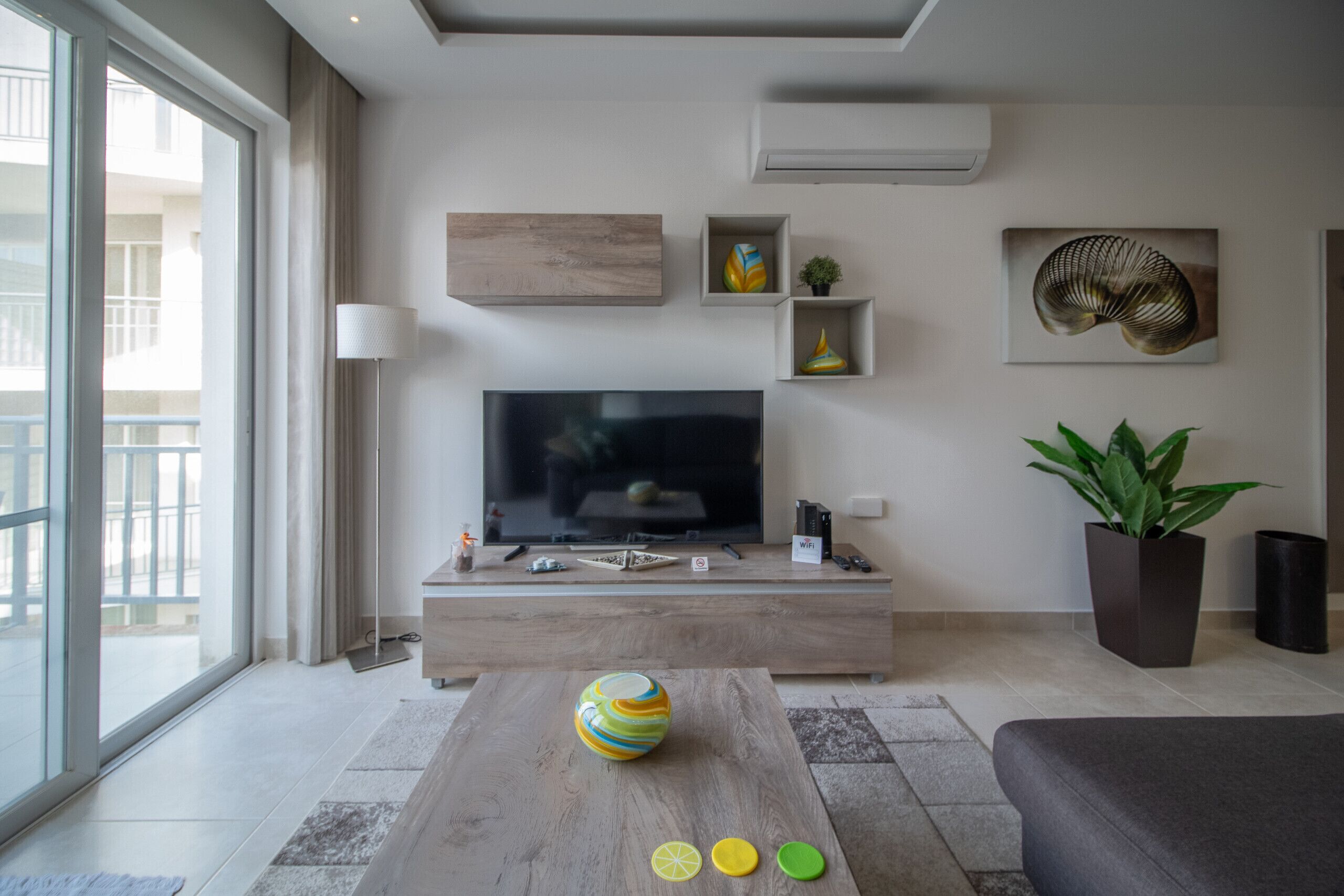 A modern living room with a flat-screen TV, a coffee table with colorful objects, and a large potted plant.