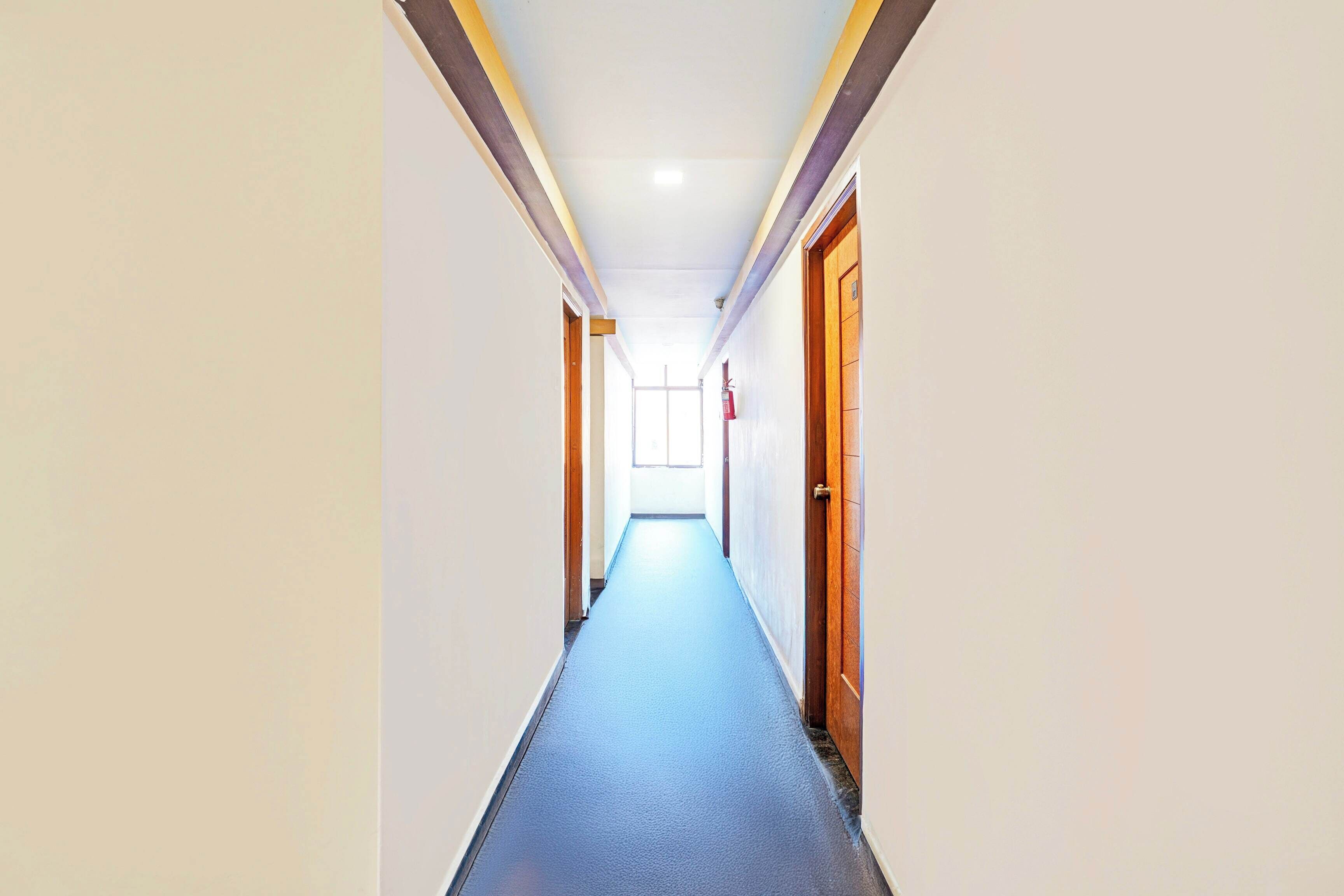 A long, narrow hallway with a blue carpet, white walls, and wooden doors on both sides.
