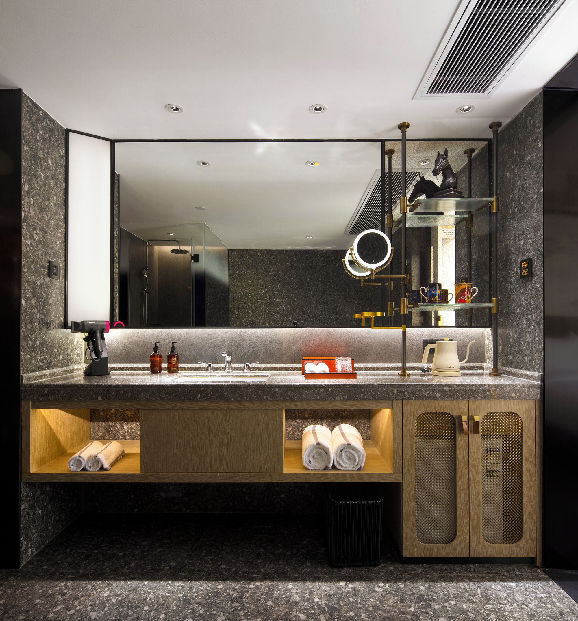 Separate tub and shower, rainfall showerhead, hair dryer, bathrobes