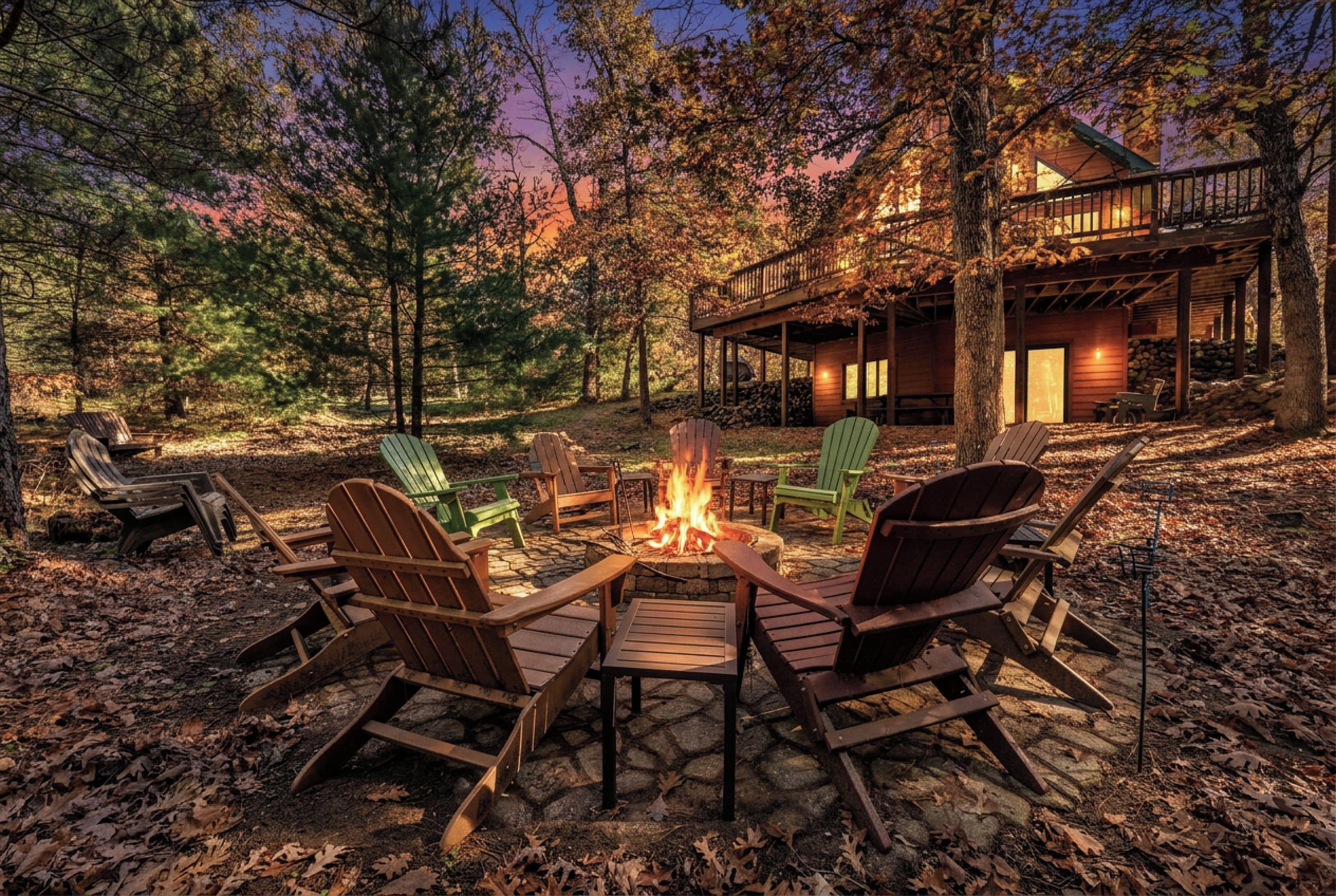 Une cabane avec un foyer entouré de fauteuils Adirondack, située dans un espace boisé.