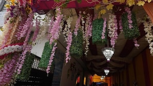 Un pasillo decorado con arreglos florales colgantes y un candelabro.