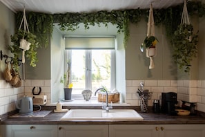 A kitchen with a white sink, a kettle, and a coffee maker. There are hanging plants and a window with a view. - Bealtaine (Síor Collection) (Carrick-On-Shannon)