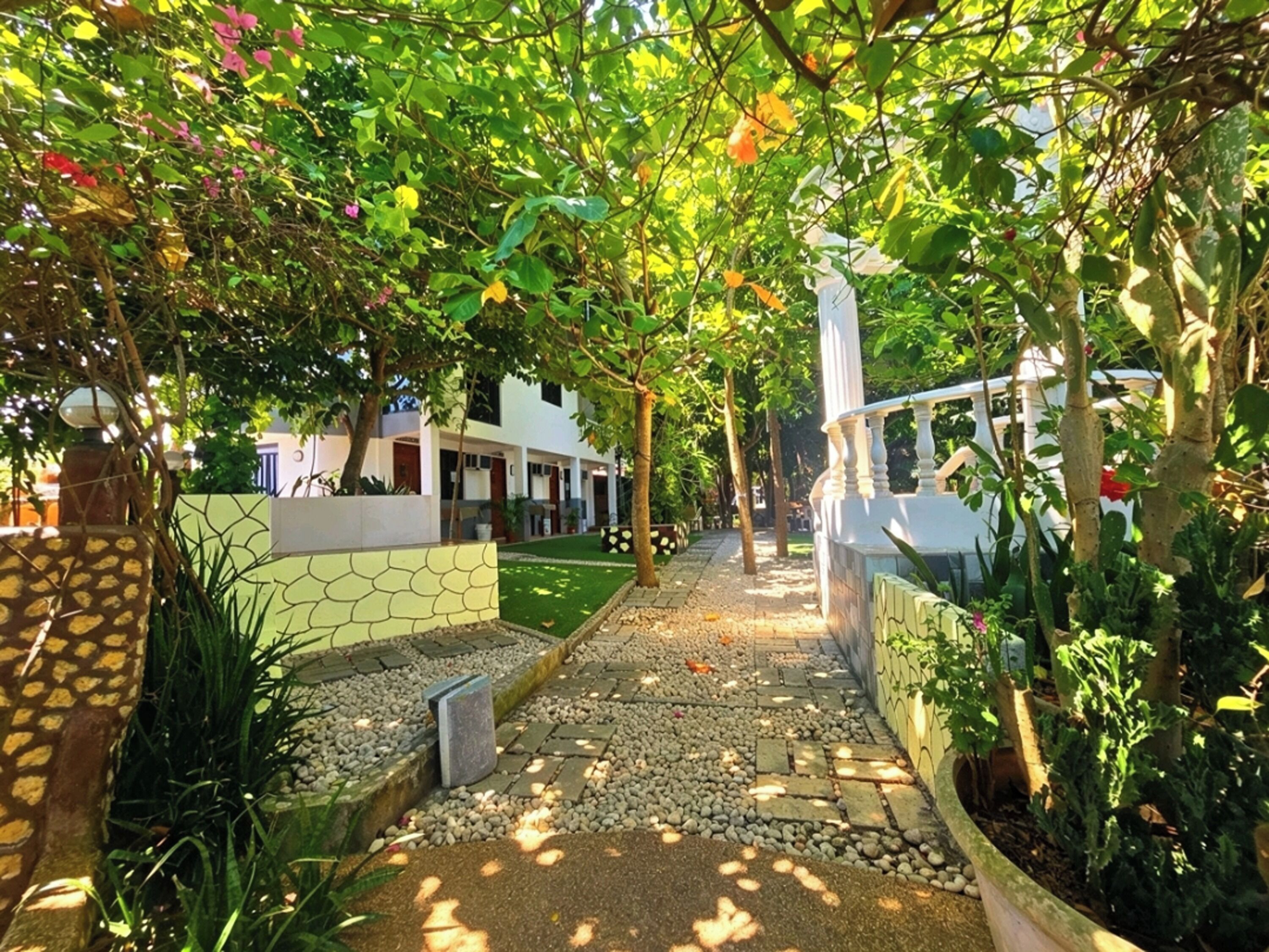 A pathway leading to a building with a white facade, surrounded by lush greenery and a stone wall.