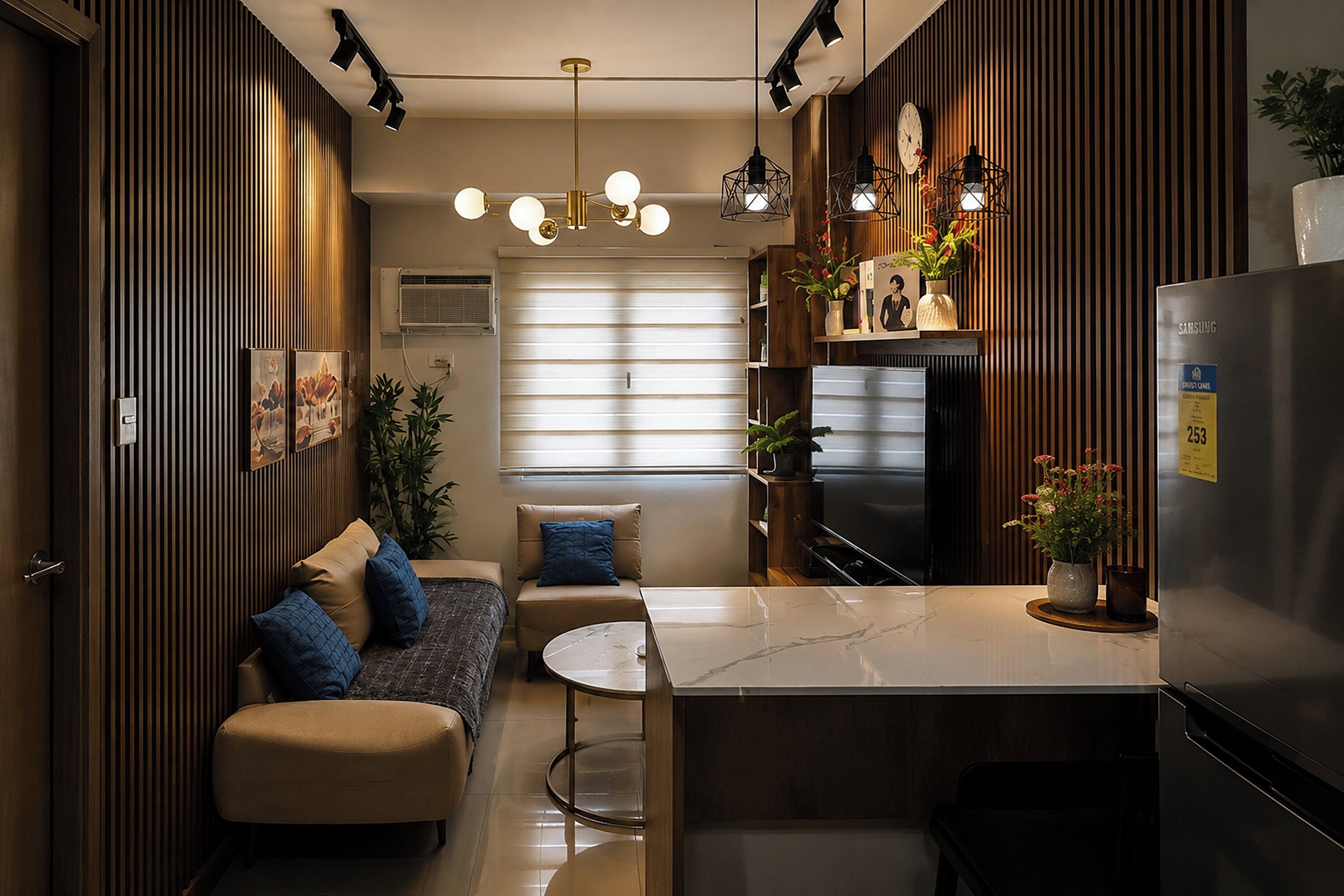 Een moderne keuken met een ingebouwde koelkast, een zithoek met een bank en stoelen, en een centraal eiland.