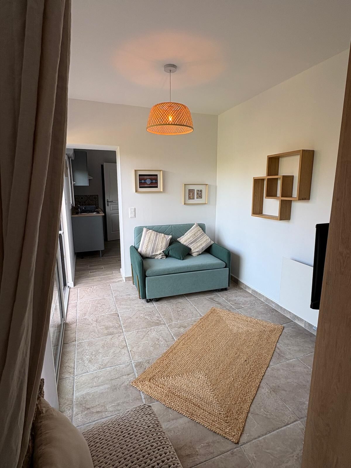 A living room with a sofa, a woven rug, and a pendant light.