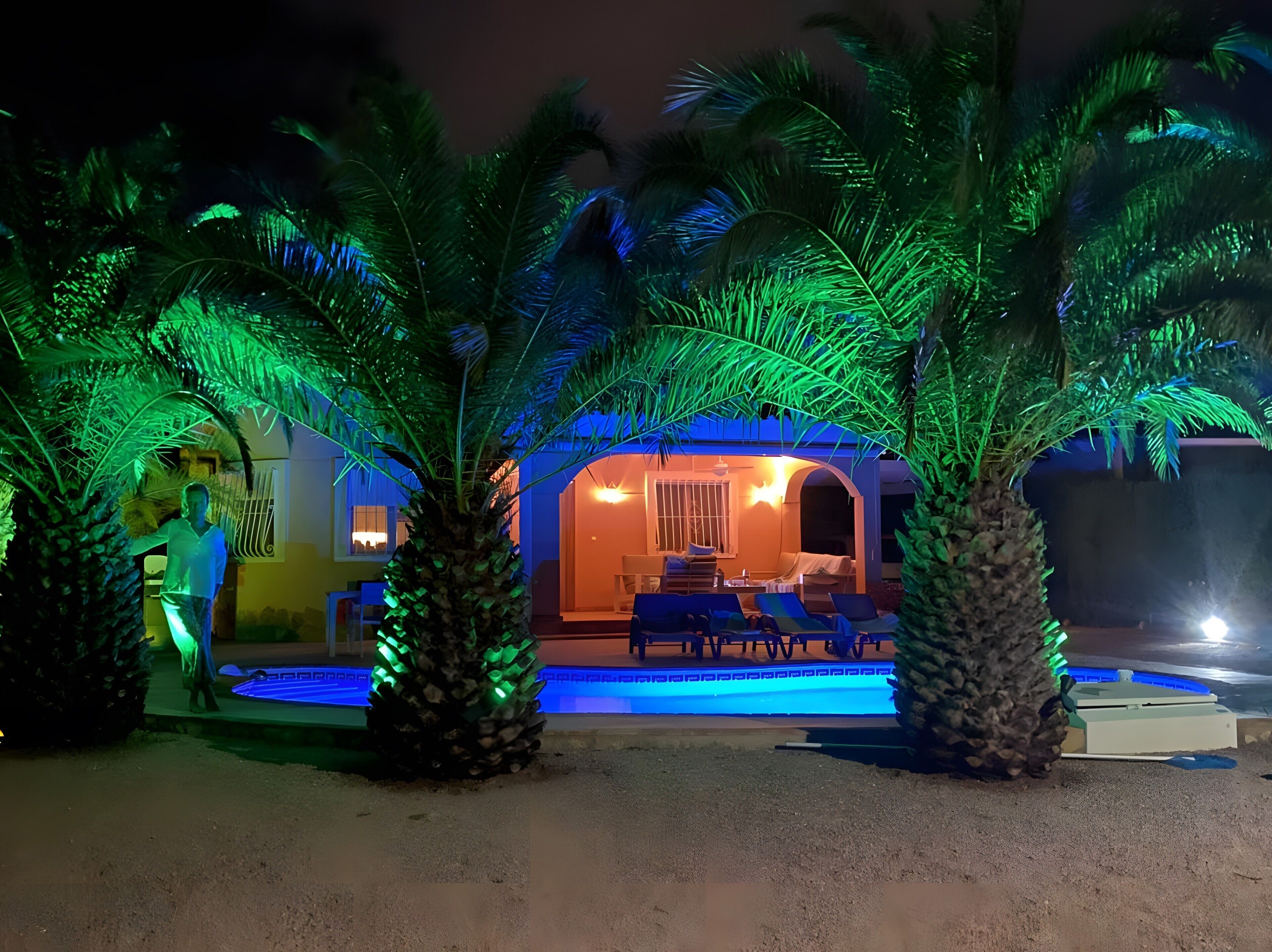 A pool area with palm trees and a building with a covered seating area.