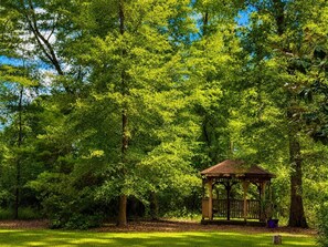 En pavillon i en frodig grøn park med tætte træer.