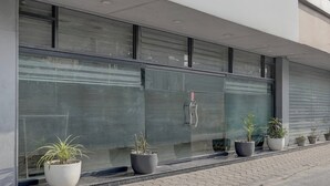 Fachada de edificio con ventanas grandes, plantas en macetas y un persiano cerrado.